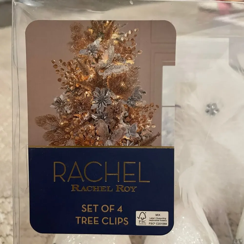 Rachel Roy Rhinestone Feathered Dove Christmas Tree Clips Set of 4 White New